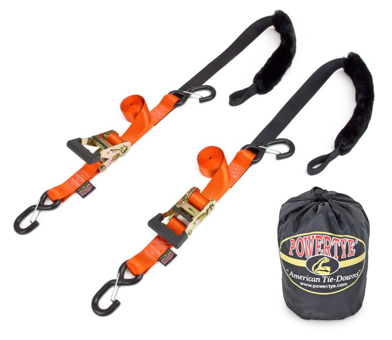 PowerTye 1.5in x 7ft Rubber Handle Ratchet Straps with SHEEPTEX Synthetic Sheepskin Soft-Tye w/Heavy Duty Latch-Hooks - 1,200 lb. WLL / 3,600 lb. Breaking Strength - Made in USA, Orange (Pair) - Image 1